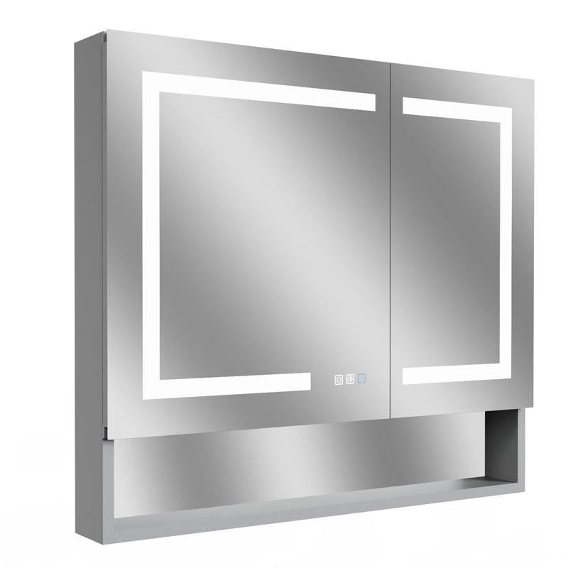 Supfirm Lighted Medicine Cabinet 36 x 32 Inch, Recessed or Surface , Clock, Room Temp Display,Defog,Night Light,Stepless Dimming,3000K-6400K, Outlets & USBs,Double Sided Mirror.Silver External Storage Shelf - Supfirm