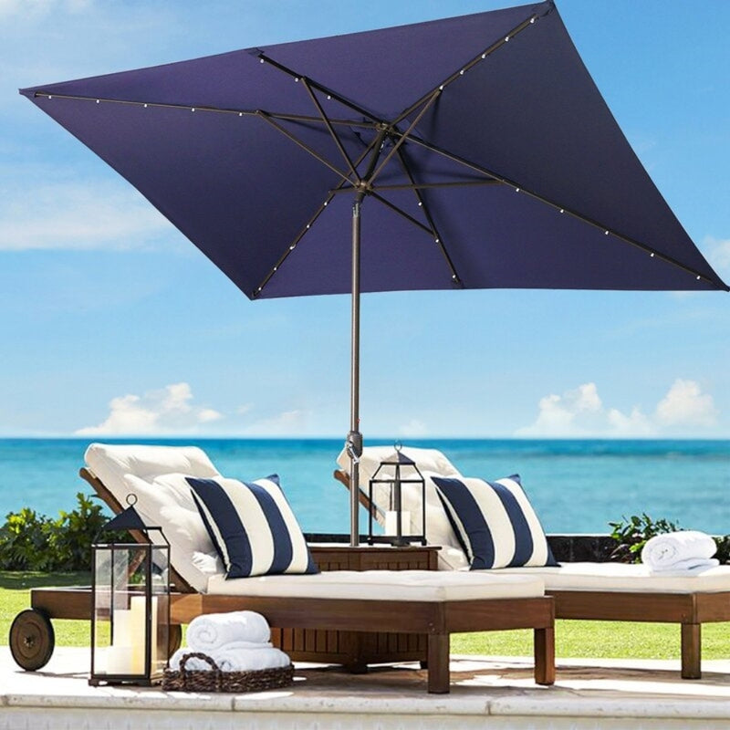 Supfirm Adjustable Tilt Led Lights Blue Rectangular Patio Large Umbrella For Beach Outside Outdoor