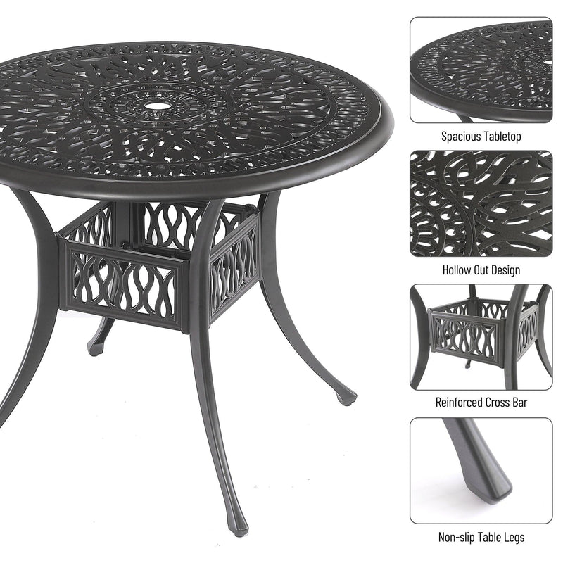 5PCS Outdoor Furniture Dining Table Set All-Weather Cast Aluminum Patio Furniture Includes 1 Round Table and 4 Chairs with Umbrella Hole for Patio Garden Deck, Lattice Weave Design,BLACK COLOR - Supfirm