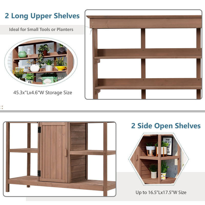 Supfirm TOPMAX 66" Large Outdoor Farmhouse Wooden Potting Bench Table, Garden Workstation with 2 Drawers, Cabinet and Open Shelves for Backyard, Mudroom, Brown