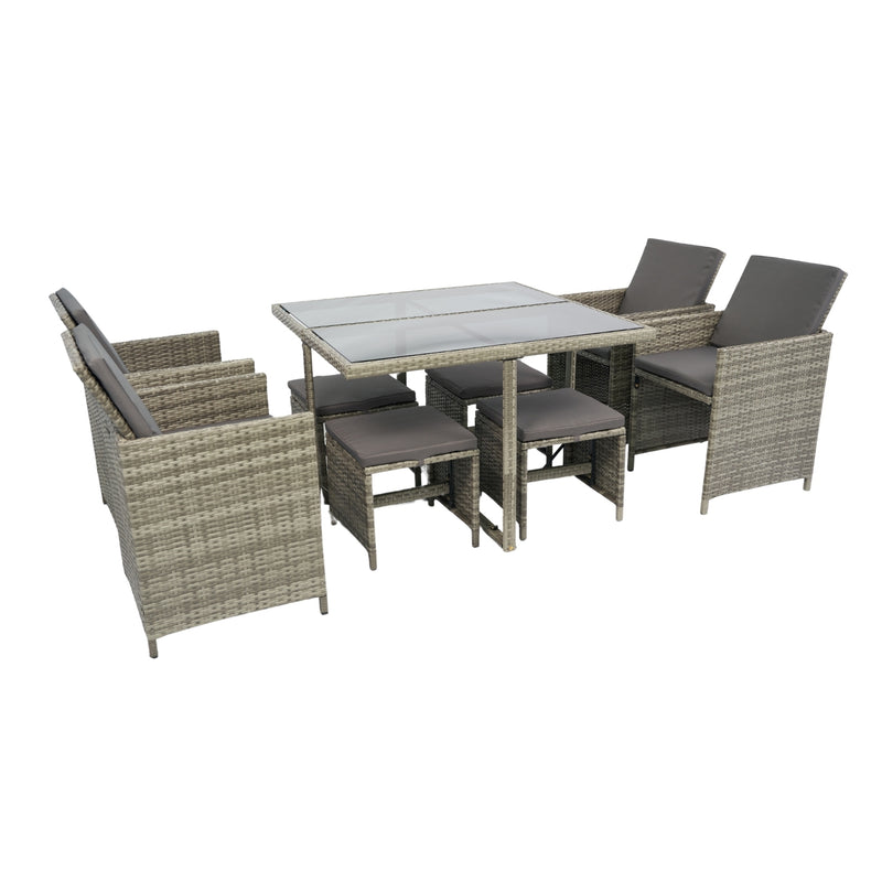 Supfirm 9 Pieces Patio Dining Sets Outdoor Space Saving Rattan Chairs with Glass Table Patio Furniture Sets Cushioned Seating and Back Sectional Conversation Set Grey Wicker + Grey Cushion