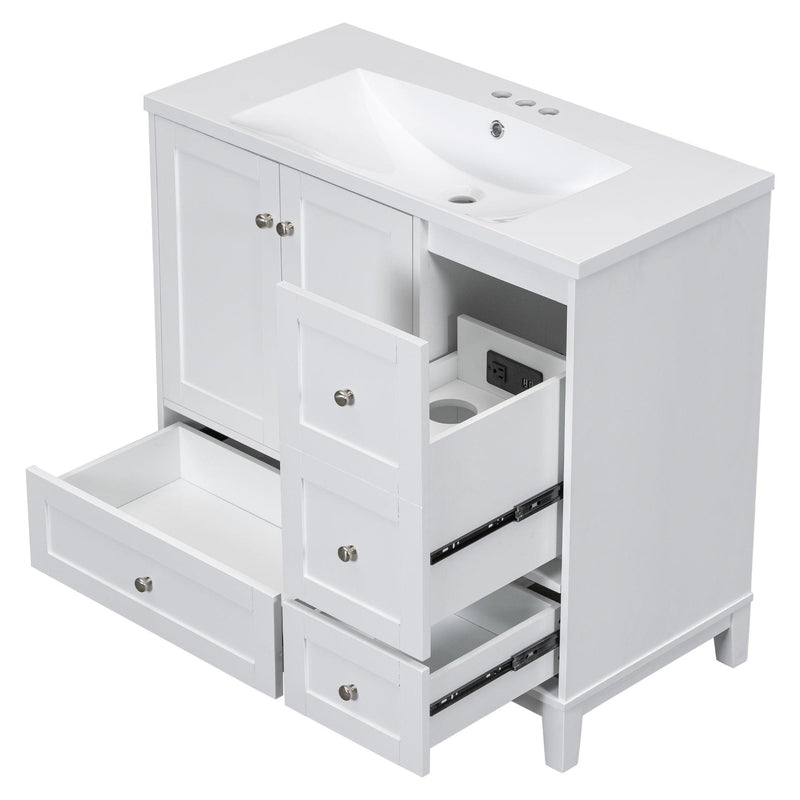 Supfirm 36 Inch Modern Bathroom Vanity with USB Charging, Two Doors and Three Drawers Bathroom Storage Vanity Cabinet, Small Bathroom Vanity cabinet with single sink , White & Gray Blue - Faucets Not Included - Supfirm