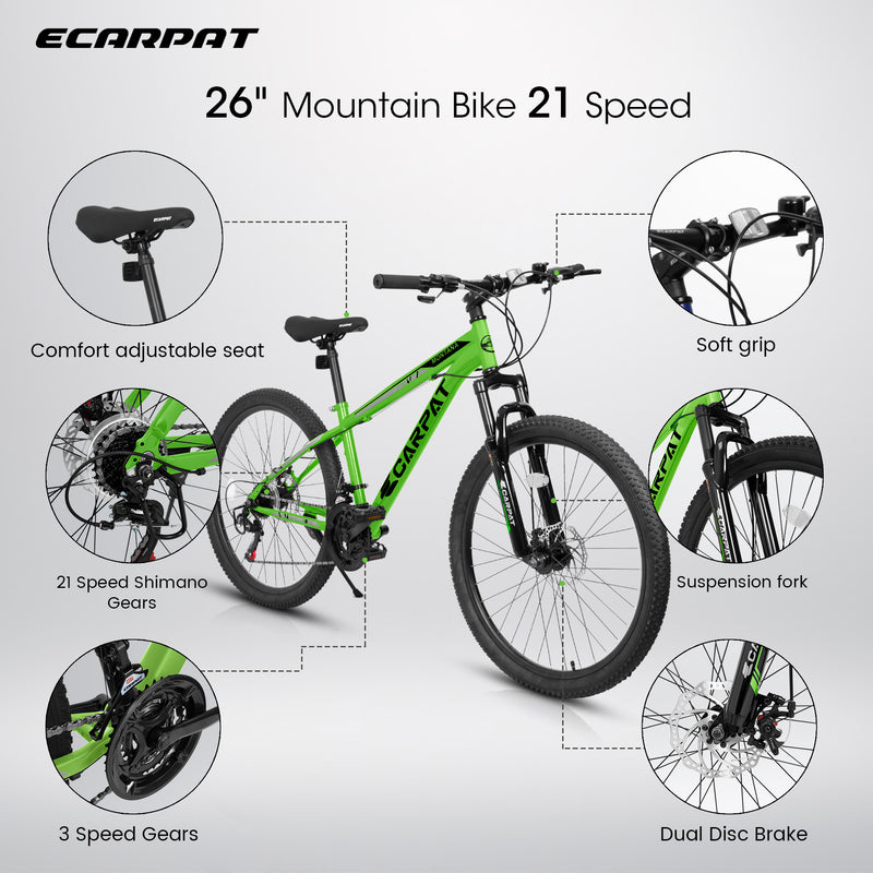 Supfirm A2610 26 inch Mountain Bike 21 Speeds, Suspension Fork, Steel Frame Disc-Brake for Men Women Mens Bicycle Adlut Bike