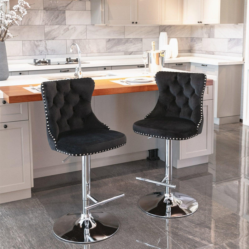 A&A Furniture,Swivel Velvet Barstools Adjusatble Seat Height from 25-33 Inch, Modern Upholstered Chrome base Bar Stools with Backs Comfortable Tufted for Home Pub and Kitchen Island（Black,Set of 2） - Supfirm