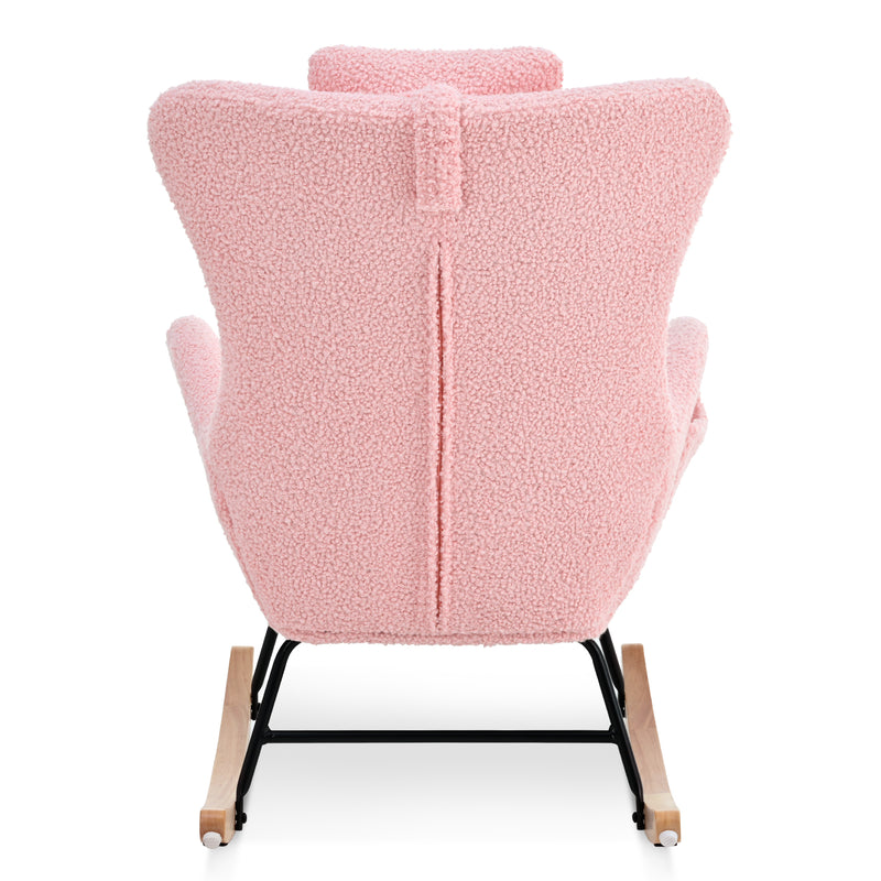 Supfirm Rocking Chair Nursery, Teddy Upholstered Rocker Glider Chair with High Backrest, Adjustable Headrest & Pocket, Comfy Glider Chair for Nursery, Bedroom, Living Room, Offices, Rubber wood, pink