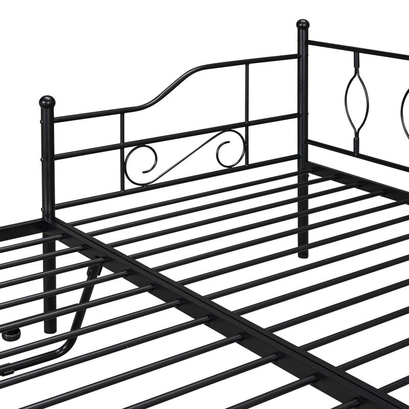 Twin Size Metal Daybed with Twin Size Adjustable Trundle, Portable Folding Trundle, Black - Supfirm