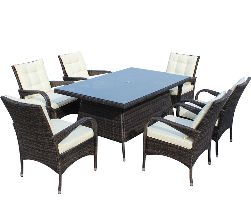 Supfirm Patio 7-Piece Rectangular Dining Set with 6 Dining Chairs (Brown &Beige Cushion )