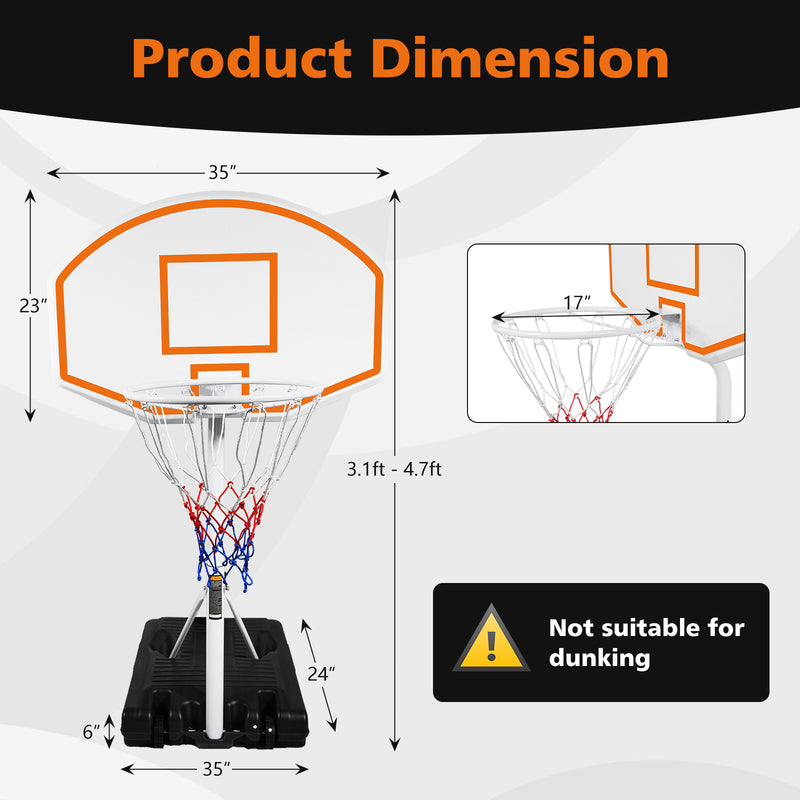 Supfirm Poolside Basketball Hoop Portable Swimming Pool Basketball System Height Adjustable 3.1ft-4.7ft with 36" Backboard for Indoor Outdoor Use Orange