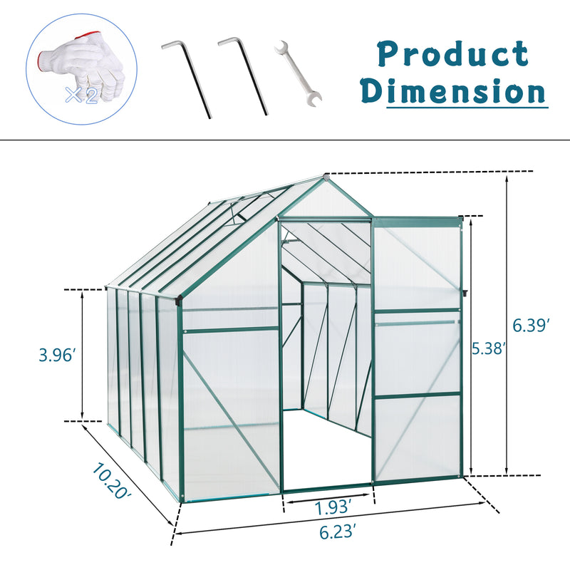 Supfirm 6X10FT Polycarbonate Greenhouse Raised Base and Anchor Aluminum Heavy Duty Walk-in Greenhouses for Outdoor Backyard in All Season