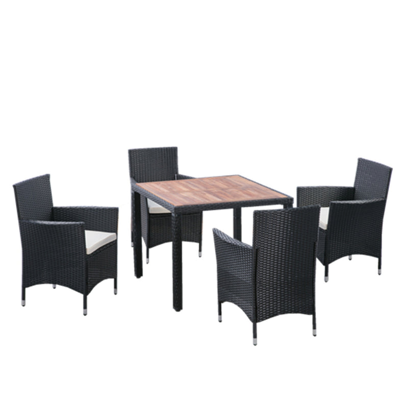 Supfirm EELIFEE 5 piece Outdoor Patio Wicker Dining Set Patio Wicker Furniture Dining Set w/Acacia Wood Top Black Wicker + Creme Cushion