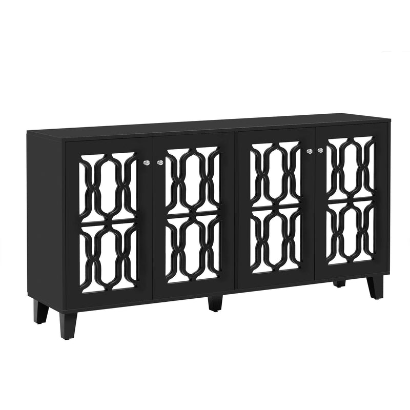 ON-TREND Buffet Cabinet with Adjustable Shelves, 4-Door Mirror Hollow-Carved TV stand for TVs Up to 65'', Multi-functional Console Table with Storage Credenza Accent Cabinet for Living Room, Black - Supfirm