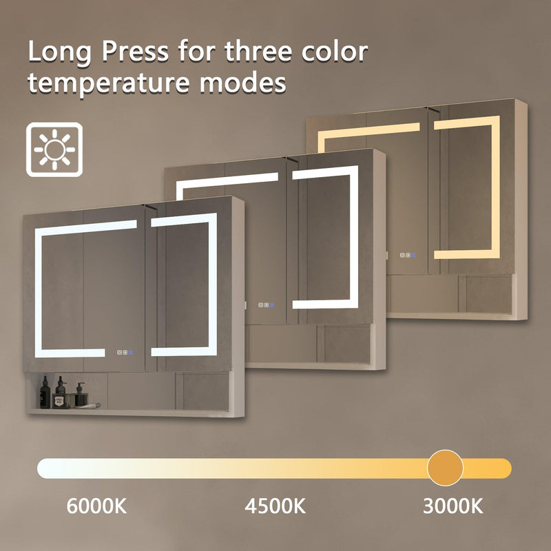 Supfirm Lighted Medicine Cabinet 36 x 32 Inch, Recessed or Surface , Clock, Room Temp Display,Defog,Night Light,Stepless Dimming,3000K-6400K, Outlets & USBs,Double Sided Mirror.Silver External Storage Shelf - Supfirm