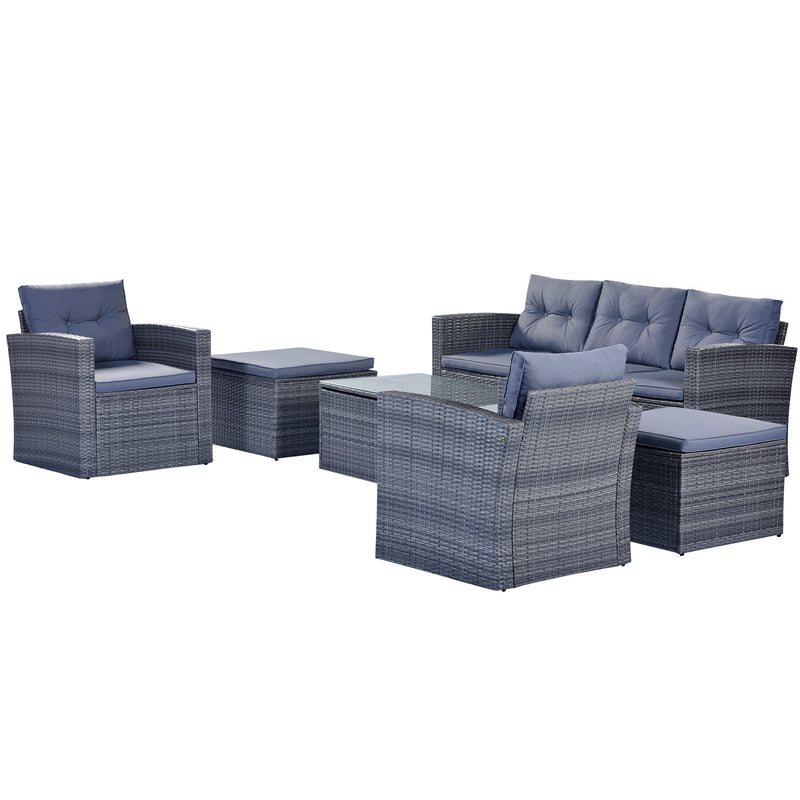 Supfirm GO 6-piece All-Weather Wicker PE rattan Patio Outdoor Dining Conversation Sectional Set with coffee table, wicker sofas, ottomans,  removable cushions (Dark grey wicker, Light grey cushion)