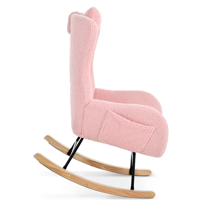 Supfirm Rocking Chair Nursery, Teddy Upholstered Rocker Glider Chair with High Backrest, Adjustable Headrest & Pocket, Comfy Glider Chair for Nursery, Bedroom, Living Room, Offices, Rubber wood, pink