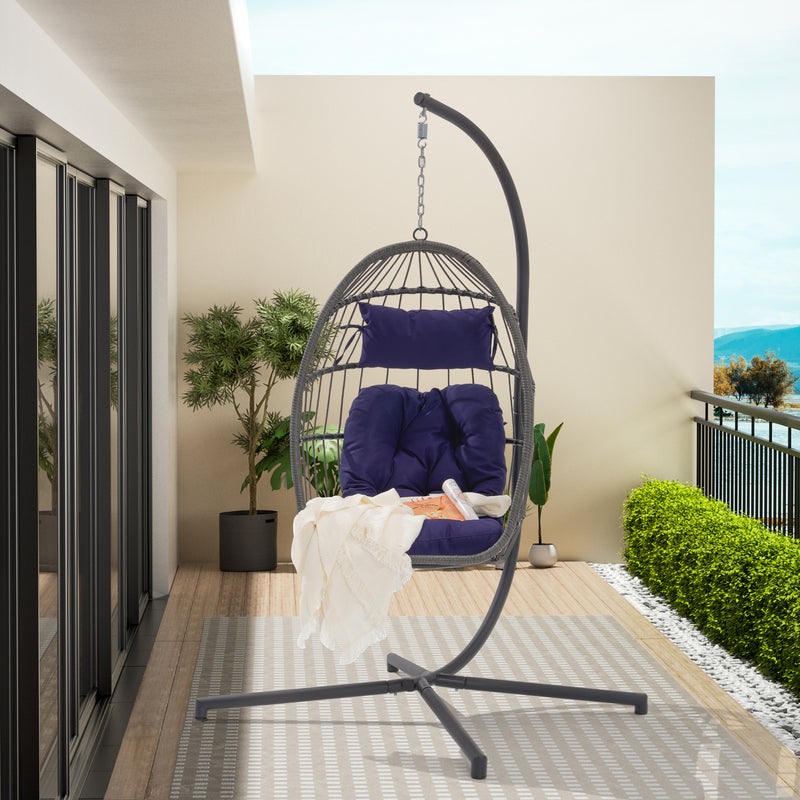 Supfirm Outdoor Garden Rattan Egg Swing Chair Hanging Chair Dark Blue Cushion