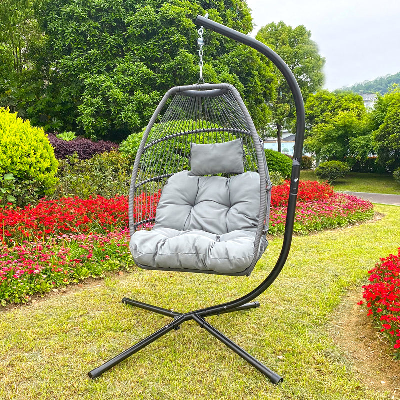 Supfirm Outdoor Patio Wicker Folding Hanging Chair,Rattan Swing Hammock Egg Chair With Cushion And Pillow