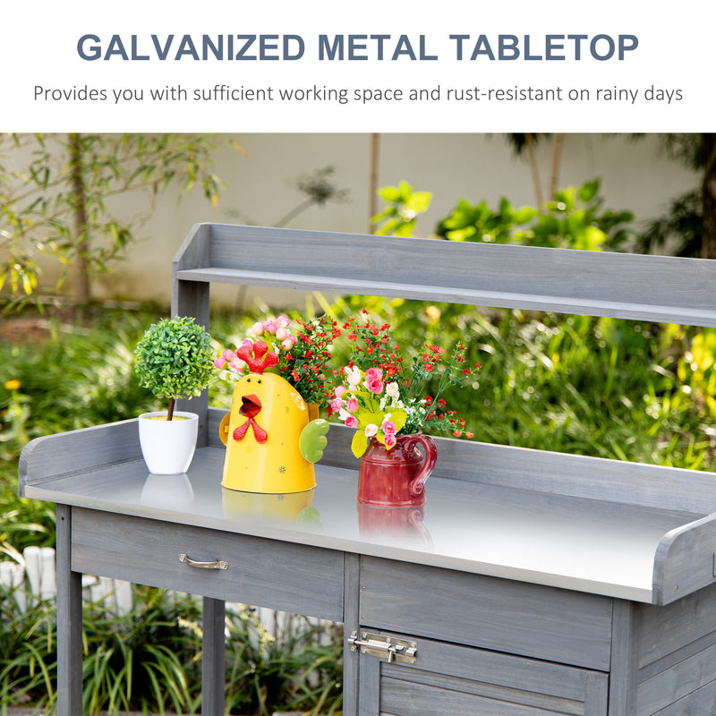 Supfirm Outdoor Potting Bench Table, Garden Work Station with Storage Cabinet, Open Shelf and Steel Tabletop, Gray