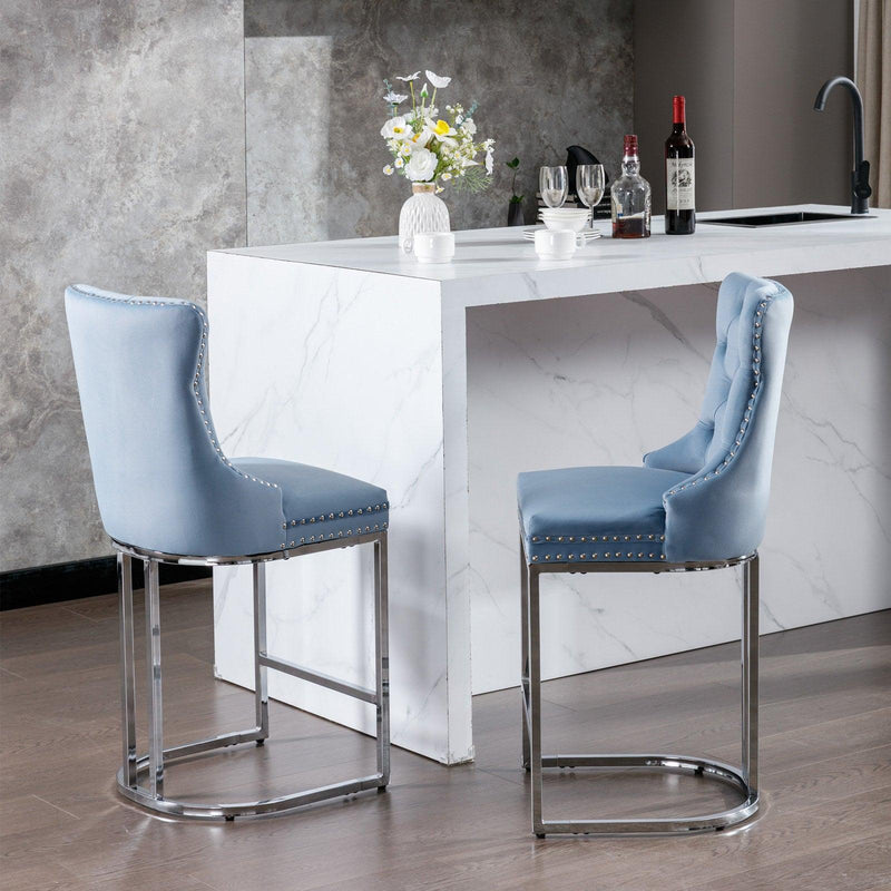 26" Counter Height Bar Stools Set of 2, Modern Velvet Barstools with Button Back&Rivet Trim Upholstered Kitchen Island Chairs with Sturdy Chromed Metal Base Legs Farmhouse Bar Stools,Light Blue,2 Pack - Supfirm