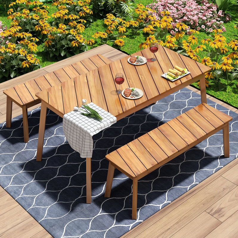 Supfirm GO 3 Pieces Acacia Wood Table Bench Dining Set For Outdoor & Indoor Furniture With 2 Benches, Picnic Beer Table for Patio, Porch, Garden, Poolside, Natural