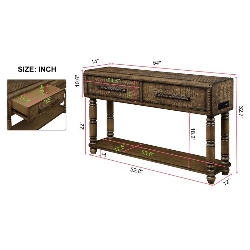 Supfirm Light Luxury Retro Sofa Table with outlets, 54 inch pine wood console table with 2 Power Outlets and 2 USB Ports for entryway/hallway/ living room with solid wood legs Antique Yellow