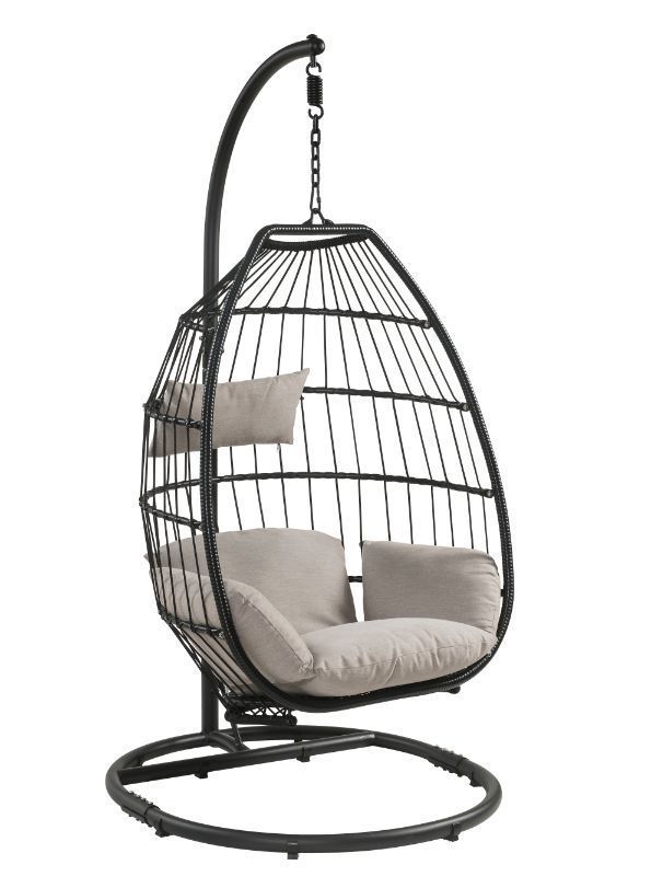 Supfirm ACME Oldi Patio Hanging Chair with Stand, Beige Fabric & Black Wicker 45115