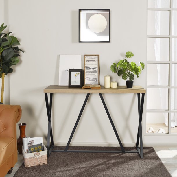 Supfirm 47.2'' Sofa Table; Wood Rectangle Console Table with Metal Frame - Oak & Black