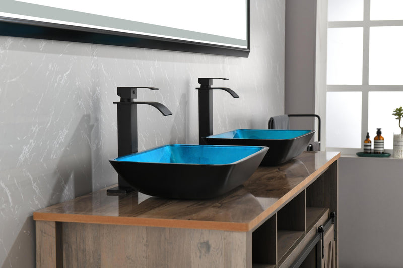 Supfirm 18.125" L -13.0" W -4 1/8" H Handmade Countertop Glass Rectangular Vessel Bathroom Sink Set in Turquoise Finish with Matte Black Single-Handle Single Hole Faucet and Pop Up Drain