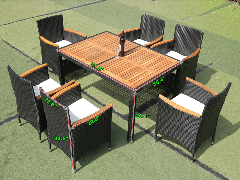 Supfirm EELIFEE 7 piece Outdoor Patio Wicker Dining Set Patio Wicker Furniture Dining Set w/Acacia Wood Top