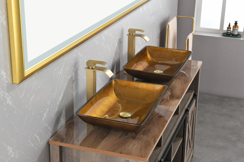 Supfirm 22.25" L -14.25" W -4 1/2" H Glass Rectangular Vessel Bathroom Sink in Gold  Set with gold Faucet and gold Pop Up Drain