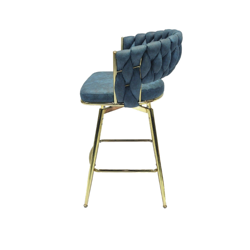 Bar Chair Suede Woven Bar Stool Set of 2,Golden legs Barstools No Adjustable Kitchen Island Seat Chairs,360 Swivel Bar Stools Upholstered Bar Chair Counter Stool Arm Chairs with Back Footrest, (Blue) - Supfirm