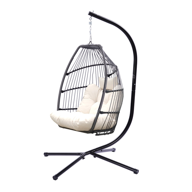 Supfirm Outdoor Patio Wicker Folding Hanging Chair,Rattan Swing Hammock Egg Chair With Cushion And Pillow