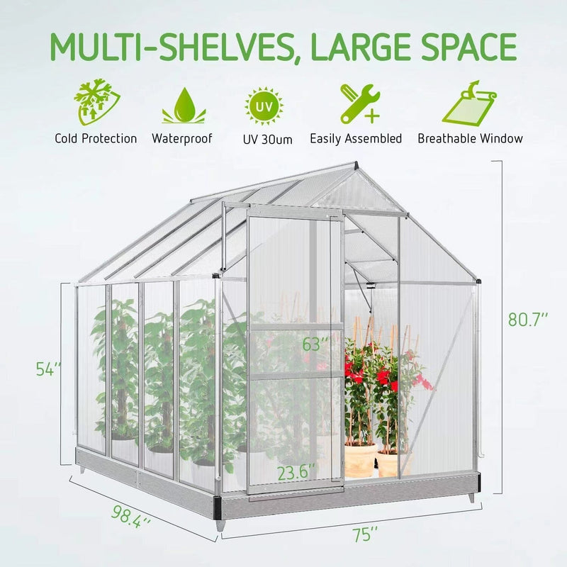 Supfirm 8.3' x 6.3 x 6.8' Aluminum Outdoor Greenhouse, Polycarbonate Walk-in Garden Greenhouse Kit with Adjustable Roof Vent, Rain Gutter and Sliding Door for Winter, Silver