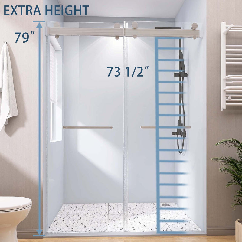 Supfirm Frameless Double Sliding Shower, 57" - 60" Width, 79" Height, 3/8" (10 mm) Clear Tempered Glass, , Designed for Smooth Door with Clear Tempered Glass and Stainless Steel Hardware Brushed Nickel