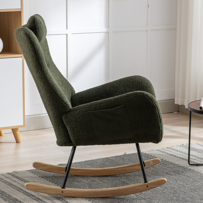 Supfirm 35.5 inch Rocking Chair with Pocket, Soft Teddy Fabric Rocking Chair for Nursery, Comfy Wingback Glider Rocker with Safe Solid Wood Base for Living Room Bedroom Balcony (dark green)