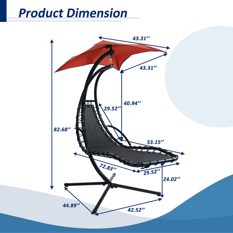 Supfirm Hanging Chaise Lounger with Removable Canopy, Outdoor Swing Chair with Built-in Pillow, Hanging Curved Chaise Lounge Chair Swing for Patio Porch Poolside, Hammock Chair with Stand (Orange)