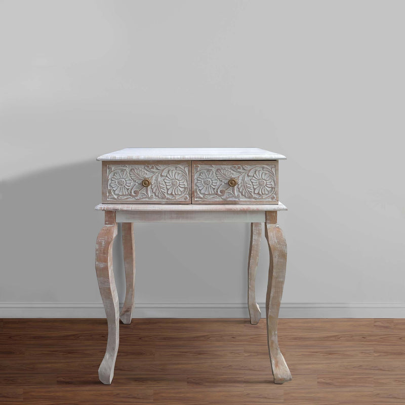 Supfirm 2 Drawer Mango Wood Console Table with Floral Carved Front, Brown and White