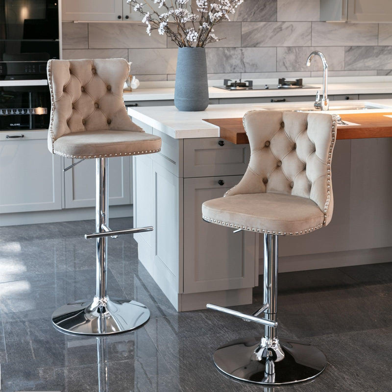 A&A Furniture,Swivel Velvet Barstools Adjusatble Seat Height from 25-33 Inch, Modern Upholstered Chrome base Bar Stools with Backs Comfortable Tufted for Home Pub and Kitchen Island（Khaki,Set of 2） - Supfirm