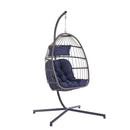 Supfirm Outdoor Garden Rattan Egg Swing Chair Hanging Chair Dark Blue Cushion