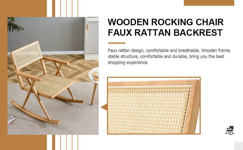 Supfirm Solid wood+imitation rattan rocking chair allows you to relax quietly indoors and outdoors, enhancing your sense of relaxation, suitable for balconies, gardens, and camping sites