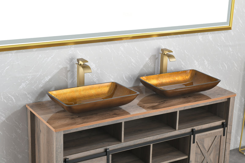 Supfirm 22.25" L -14.25" W -4 1/2" H Glass Rectangular Vessel Bathroom Sink in Gold  Set with gold Faucet and gold Pop Up Drain