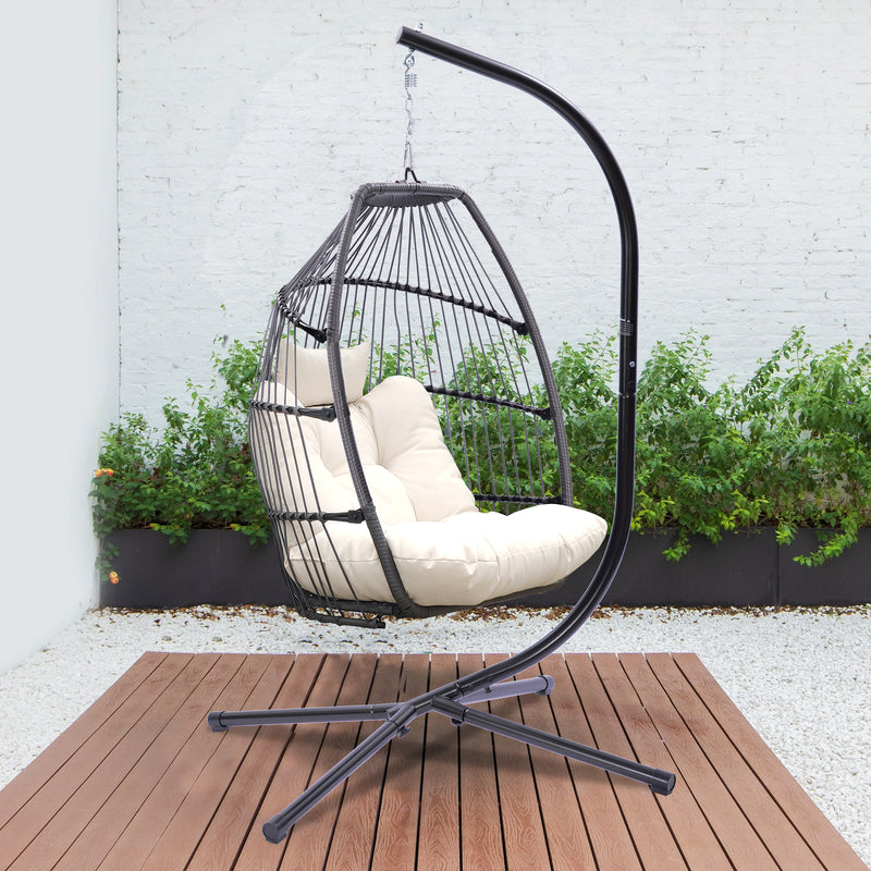 Supfirm Outdoor Patio Wicker Folding Hanging Chair,Rattan Swing Hammock Egg Chair With Cushion And Pillow