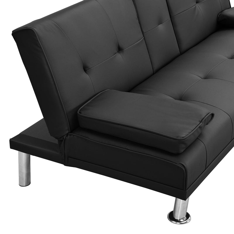 sofa bed with Armrest two holders WOOD FRAME, STAINLESS LEG, FUTON BLACK PVC - Supfirm