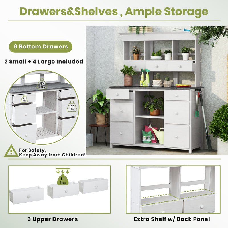 Supfirm [Video Provided] TOPMAX Garden Potting Bench Table, Rustic and Sleek Design with Multiple Drawers and Shelves for Storage, White and Gray