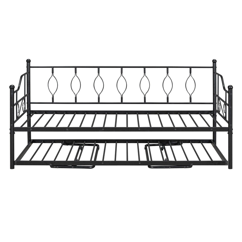 Twin Size Metal Daybed with Twin Size Adjustable Trundle, Portable Folding Trundle, Black - Supfirm