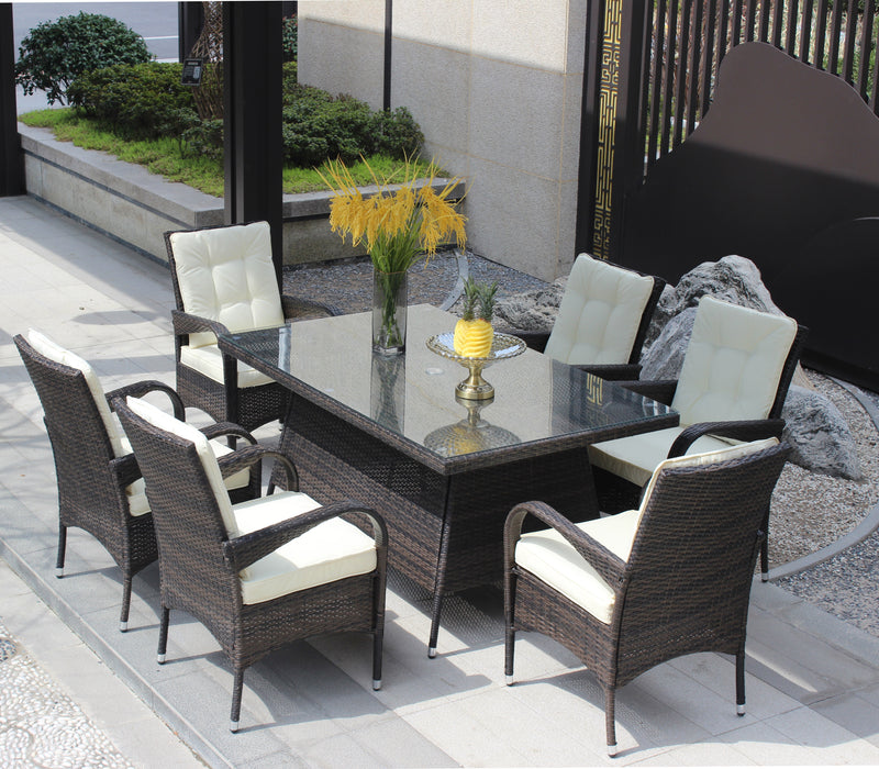 Supfirm Patio 7-Piece Rectangular Dining Set with 6 Dining Chairs (Brown &Beige Cushion )