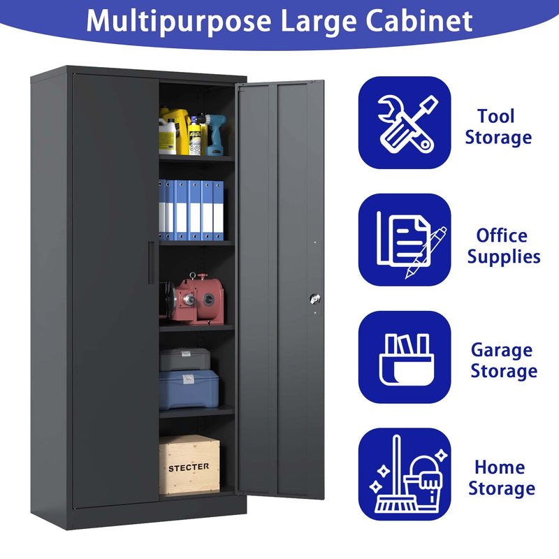 Supfirm 71"H Metal Garage Storage Cabinet, Black Tool Steel Locking Cabinet with Doors and 4 Shelves, Tall Cabinets for Garage Storage Systems Lockable File Cabinet for Home Office, Classroom/Pantry