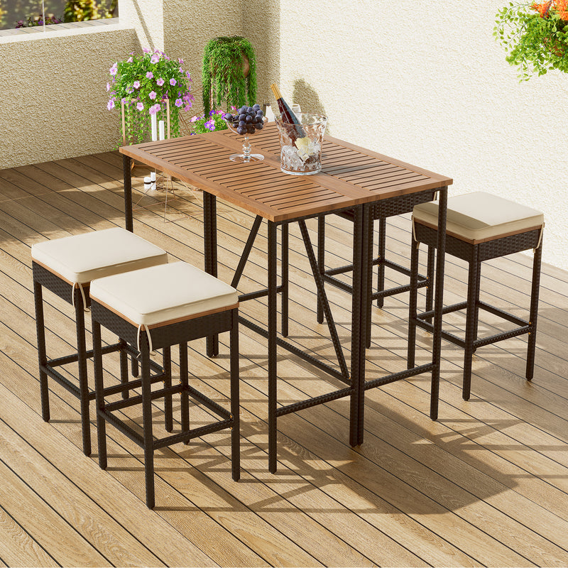 Supfirm GO 5-Piece Outdoor Acacia Wood Bar Height Table And Four Stools With Cushions, Garden PE Rattan Wicker Dining Table, Foldable Tabletop, High-Dining Bistro Set, All-Weather Patio Furniture, Brown