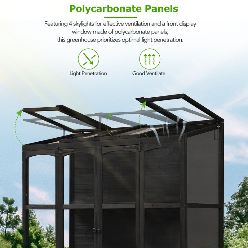 Supfirm TOPMAX 78-inch Wooden Greenhouse Cold Frame with 4 Independent Skylights and 2 Folding Middle Shelves, Walk-in Outdoor Greenhouse, Black