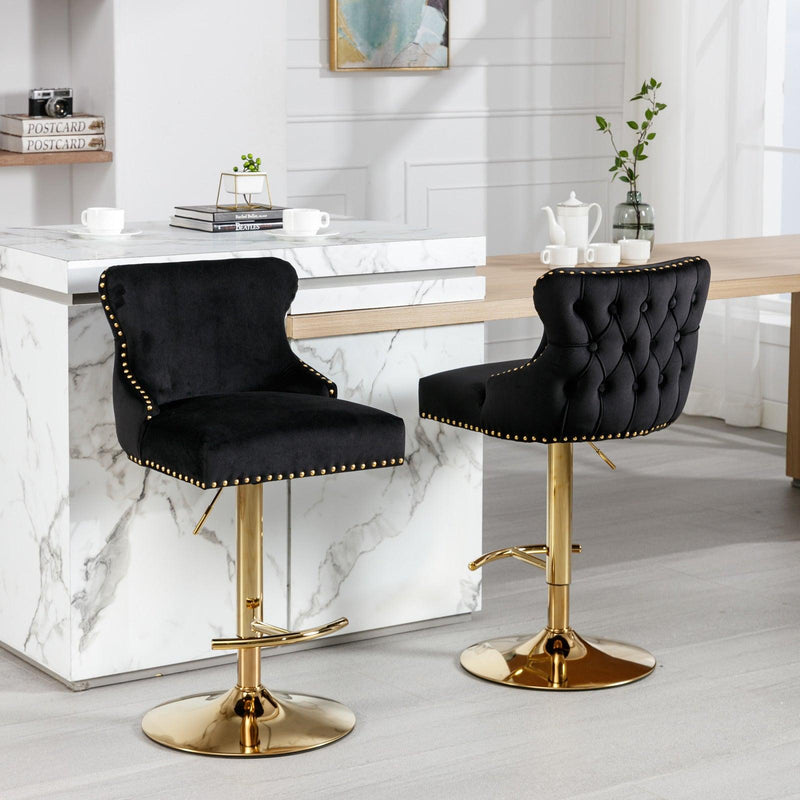 Seat Wide19.3 inches,Golden Swivel Velvet Barstools Adjusatble Seat Height from 25~33 Inch, Wing-Back Upholstered Bar Stools with Backs Comfortable Tufted for Kitchen Island or Bar,Black,Set of 2 - Supfirm