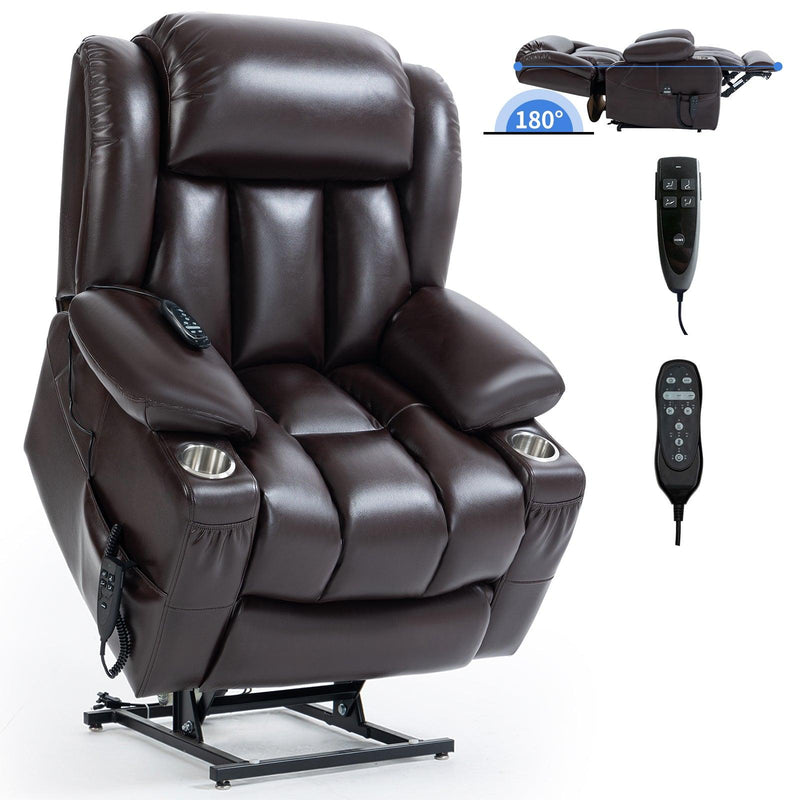 Dual Motor Infinite Position Up to 350 LBS Leatheraire Power Lift Recliner Chair, Heavy Duty Motion Mechanism with 8-Point Vibration Massage and Lumbar Heating, Stainless steel Cup Holders, Brown - Supfirm